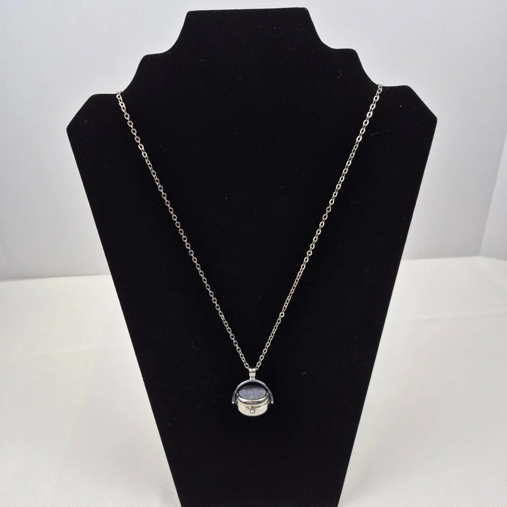 Vtg‎ Rotating Pendant Necklace Purple Druzy Glitter Watch Face Silver Tone 29